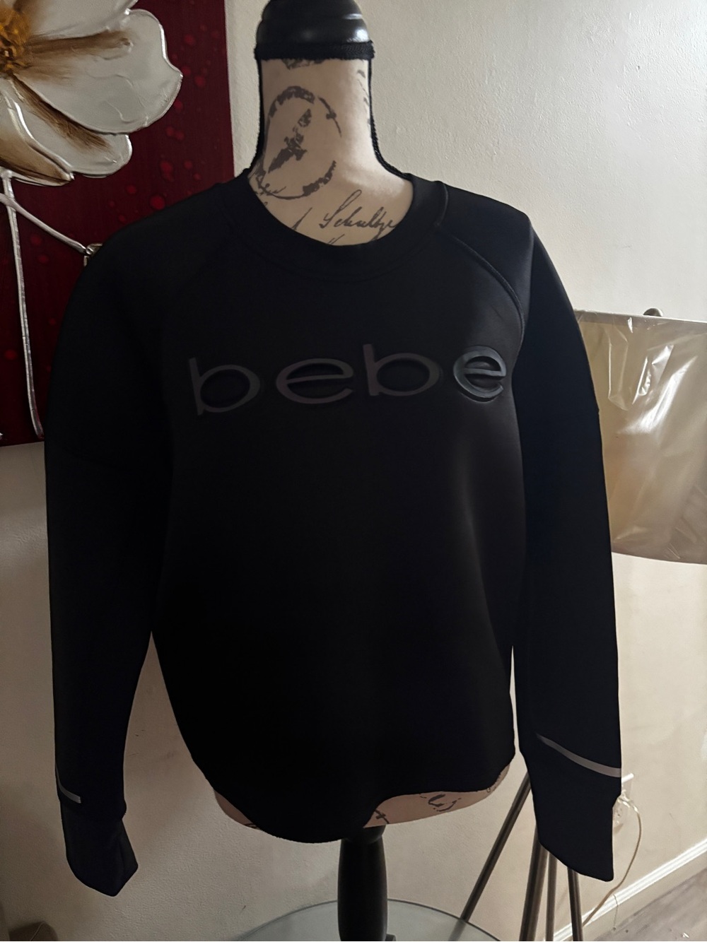 bebe Men’s Black Crewneck Sweatshirt with Subtle Logo